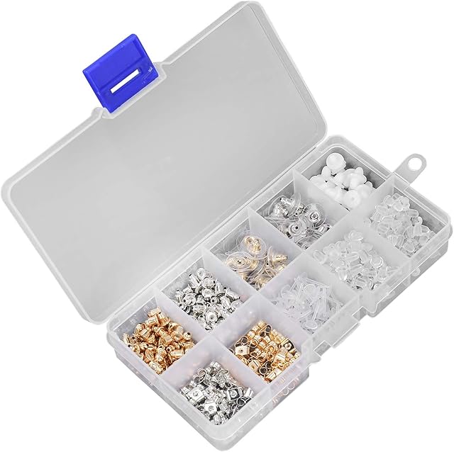 Earring Backs Kit 10 Styles Metal Rubber Plastic Earring Stopper Safety Earring Pad Bullet Butterfly Round Shape Earring Backing Clutch Assortment Kit, 460 Pieces