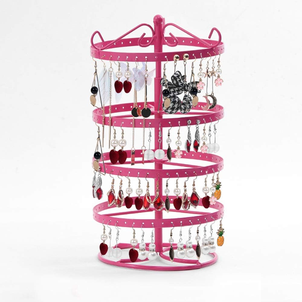 Qingsm 4-Layer Rotating 168-Hole Earring Holder, Earring Holder Organizer, Earring Organizer Musical Jewelry Box for Girls, Travel Jewelry Organizer-pink
