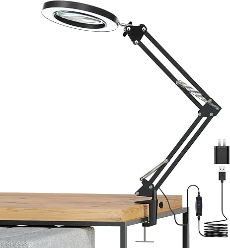 HITTI - Lupa 5X con luz con abrazadera, 3 modos de color, lámpara de aumento regulable continua, 72 LED de lente de cristal real con luz y soporte