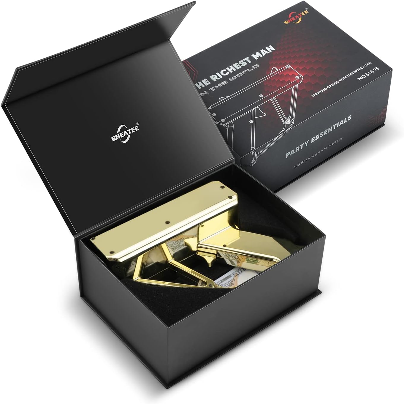 SHEATEE - Gold Money Gun Shooter with 100 Prop Dollar Bills - Reusable Cash Cannon for Parties, Birthdays & TikTok Videos | Safe Fake Money Blaster for Adults & Kids (Gold)