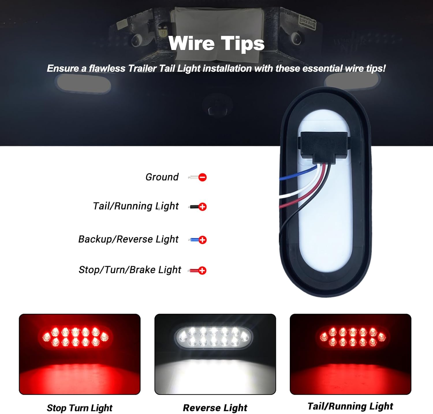 6 Inch Oval Dual Revolution LED Tail Lights Red Stop Turn Tail Lights White Backup Reverse Lights Kit for Trailer RV Truck IP67 Waterproof 4PCS
