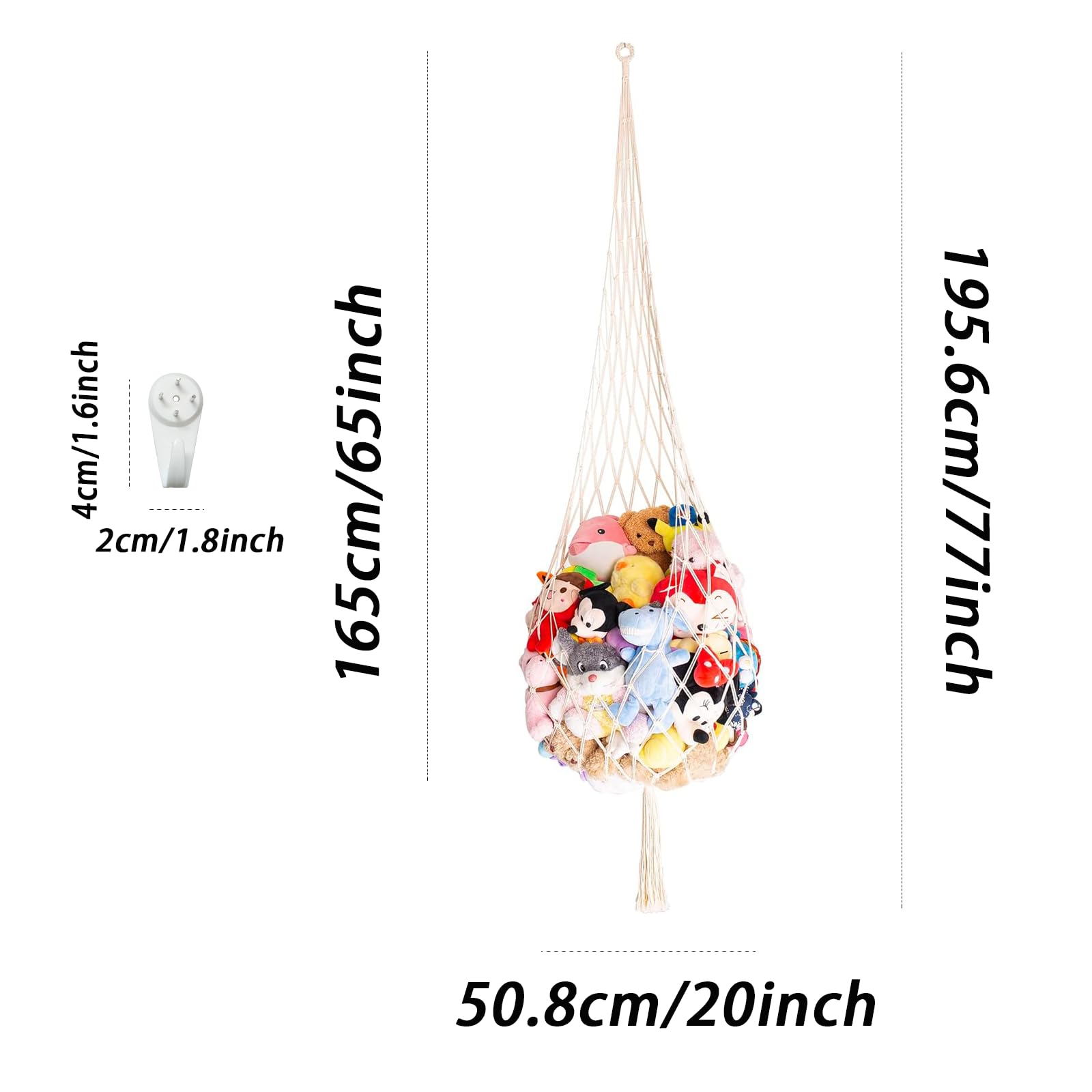 Filet de Rangement pour Animaux en Peluche, Hamac Peluche sac Rangement Jouet, Chambre à Coucher Jouets D'angle, pour Coins de Chambre, Murs et Plafonds, Livré avec 1 Crochet, Blanc