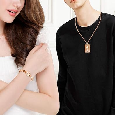 Uloveido Rose Gold Plated Titanium Matching Puzzle Couple Heart Lock Bracelet and Key Pendant Necklace for Men and Women
