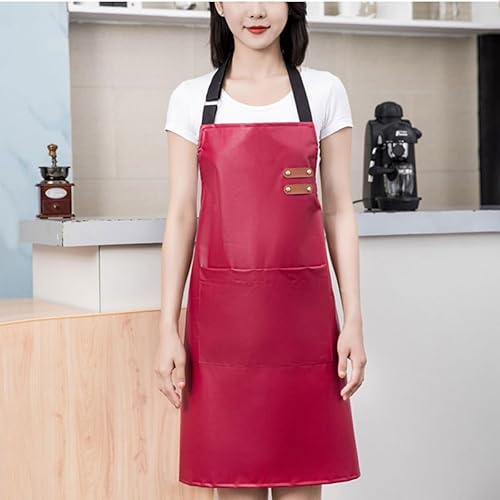 Miniatura 2 de Waterproof Apron Large Pocket PU Material Waterproof Oil-proof Dust-proof Apron Black and Red