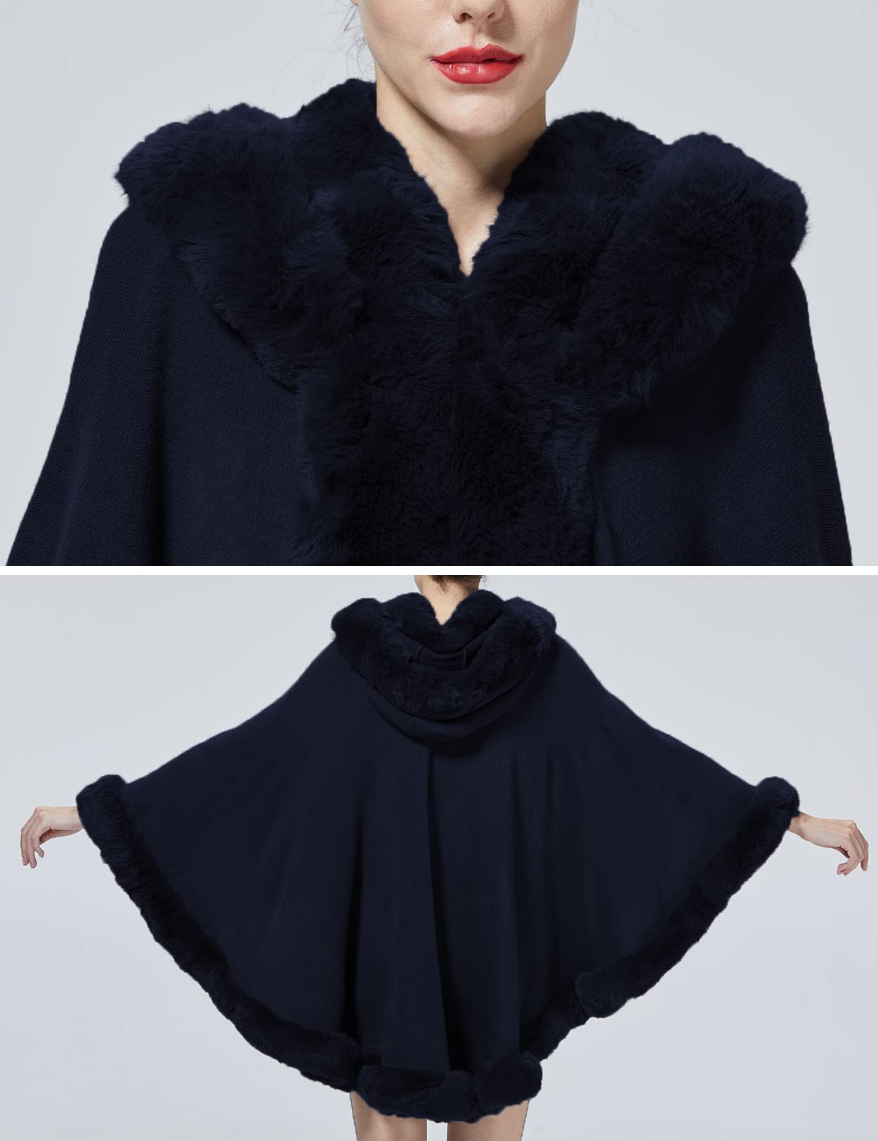 Poncho Hooded Shawl Wrap Women Cape Winter Faux Fur Trim Coat Sleeveless Cardigan Dressy Cloak for Party: One Size Dark Blue
