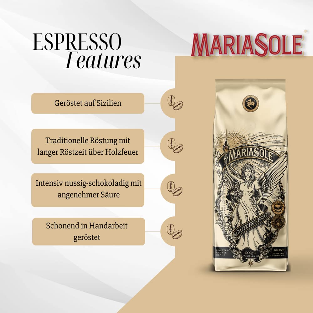 Mariasole Caffè Espresso ziarna kawy – tradycyjne palenie na Sycylii przy użyciu drewna – ziarna espresso premium 1 kg do pełnego automatu i sitka