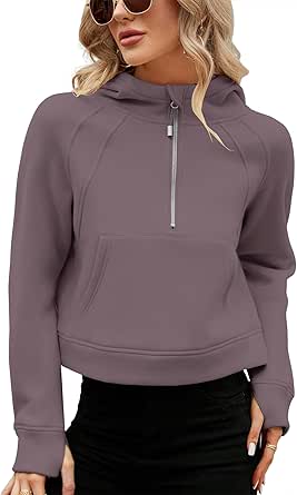 Micoson Womens Fleece Lined Cropped Hoodies Half Zip Pullover Long Sleeve Workout Sweatshirt with Pockets Thumb Hole