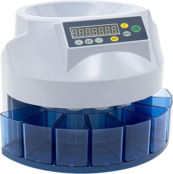 Coin Sorter Machine, 8 Slots Electronic Coin Sorter Coin Separator Machine with LED Display, Automatic Coin Counter Sorter and Wrapper for Shops, Homes Grey+Blue 45W 330 Units/min