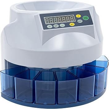 Coin Sorter Machine, 8 Slots Electronic Coin Sorter Coin Separator Machine with LED Display, Automatic Coin Counter Sorter and Wrapper for Shops, Homes Grey+Blue 45W 330 Units/min