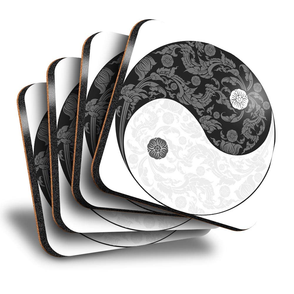 Great Coasters (Set of 4) Square - BW - Yin Yang Yoga Flowery Meditation Sign Drink Glossy Coasters/Tabletop Protection for Any Table Type #40276