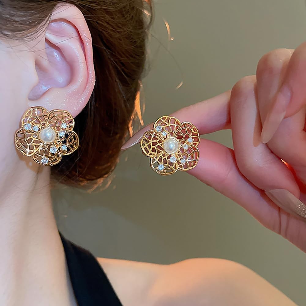 Kokoma Pearl and Crystal Flower Stud Earrings for Women, Gold Plated Cubic Zirconia Floral Statement Earrings Fashion Jewelry - Image 3