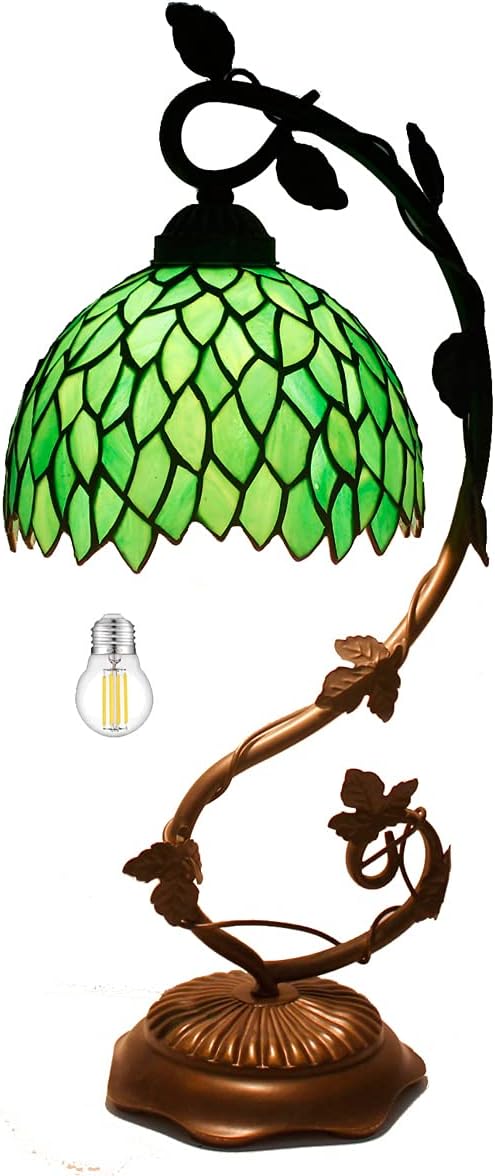 WERFACTORY Tiffany Style Lamp Green Wisteria Stained Glass Table Desk Reading Light, Metal Leaf Base 8X10X21 Inches Decor Small Space Bedroom Home Office S523 Series