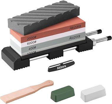 Akizora Whetstone Knife Sharpener Stone 400 1000 2000 6000 Double-Sided Whetstone with All-Purpose Whetstone Stand, Angle-Fixing Holder, and Leather Whetstone, White Rod and Blue Rod, Ideal for Home | Rough whetstone for household, medium whetstone, perfect for sharpening knives