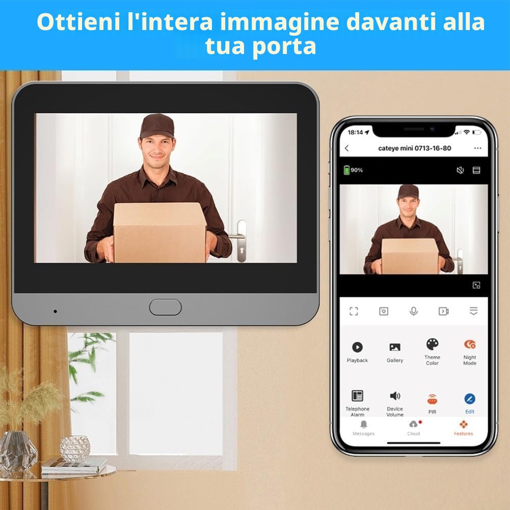Spioncino visivo senza fili interattivo con tecnologia sensore PIR per avvisi di rilevamento automatico del movimento