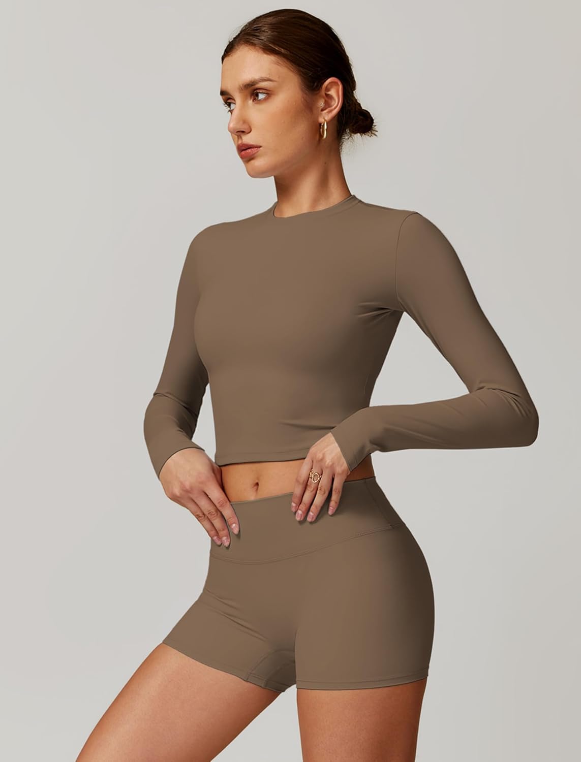 QBGJTD Womens Workout Sets Two Piece Long Sleeve Top Matching High Waist Shorts Sets Fall Winter Gym Work Out Clothes