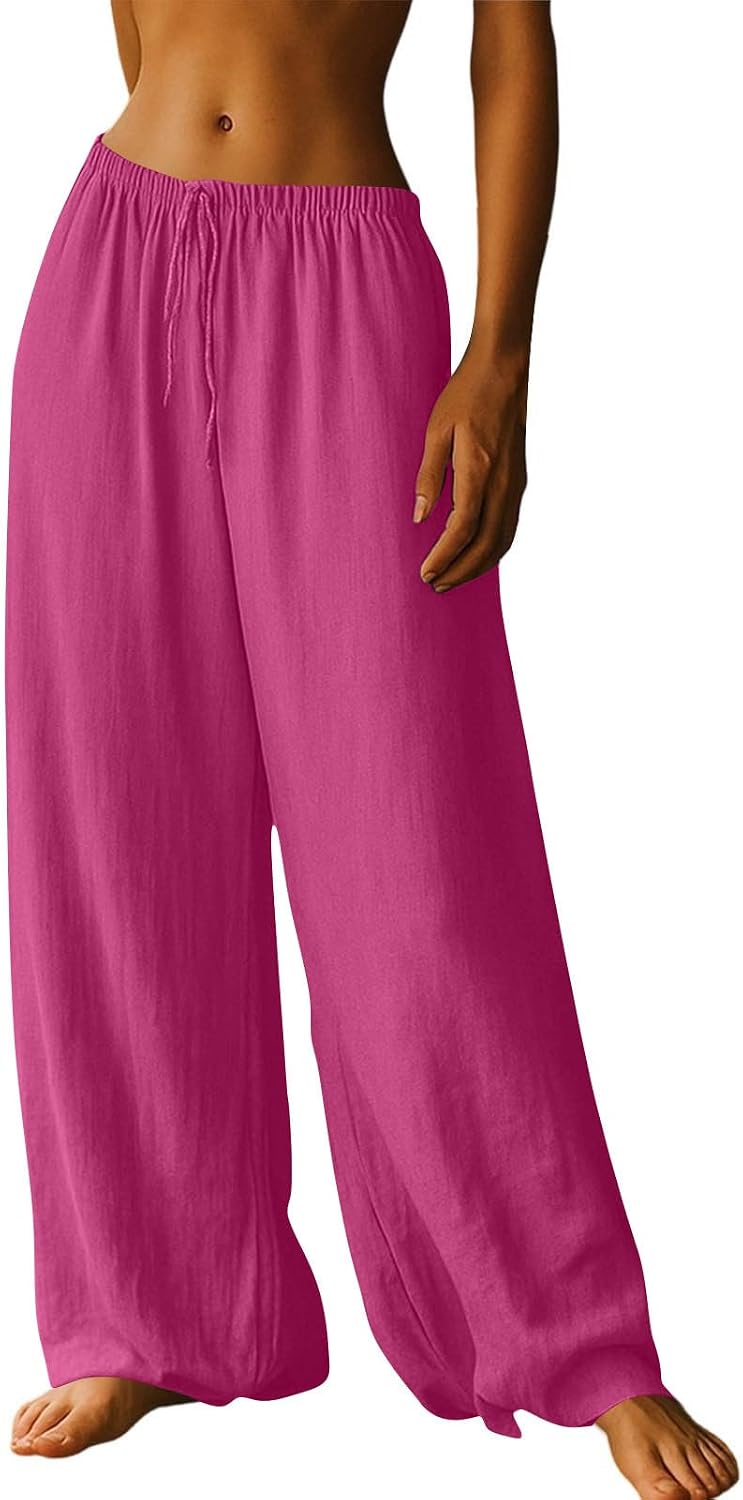 Women's Wide Leg Pants Drawstring High Waisted Cotton Beach Palazzo Pants with Pockets Soft Lounge Trousers