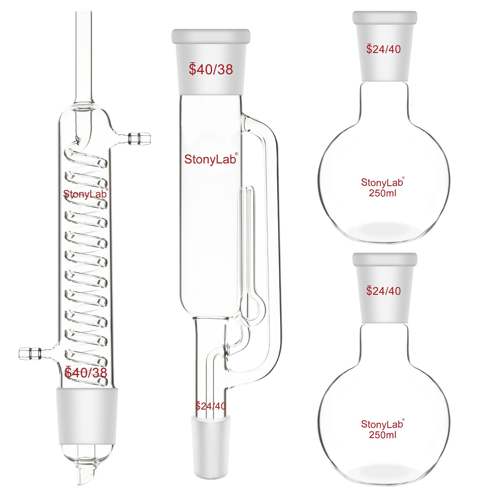 stonylab Kit di Estrazione Tipo Soxhlet, Vetro Borosilicato 40/38 Estrattore Soxhlet con Graham Condenser e Due Palloni a Fondo Piatto 24/40 da 250 ml per Processi di Estrazione