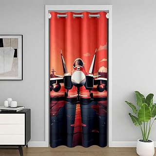 Modern Airplane Door Curtain 3D Aviation Airplane Doorway Curtain Airport Runway Darkening Blackout Curtain Fashion Red Black Drape for Bedroom Privacy 1 Panel 52" W X 80" L