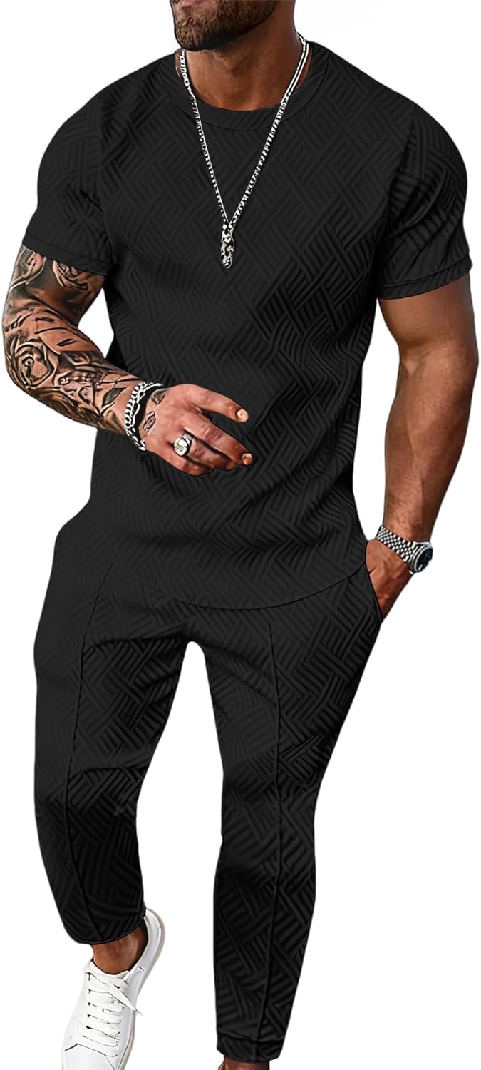 UOUA Mens 2 Piece Sweatsuit Set Short Sleeve Sweatshirt Jogging Sweatpants Tracksuits Outfits