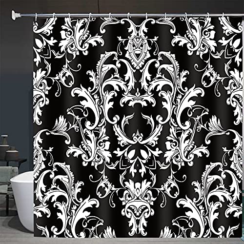 Abaysto Beautful Baroque Damask Shower Curtain Black White Floral Elegance Flowers Scroll Bathroom Baroque Decor Shower Curtains Set With Hooks Polyester Fabric Bath Curtain 60X72 Inch #TOP2