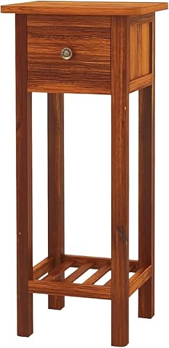 Miniatura 31 de Giantex Juego de 2 mesas auxiliares altas, mesa auxiliar estrecha con cajón y estante, mesita de noche de madera de acacia para sala de estar, Negro