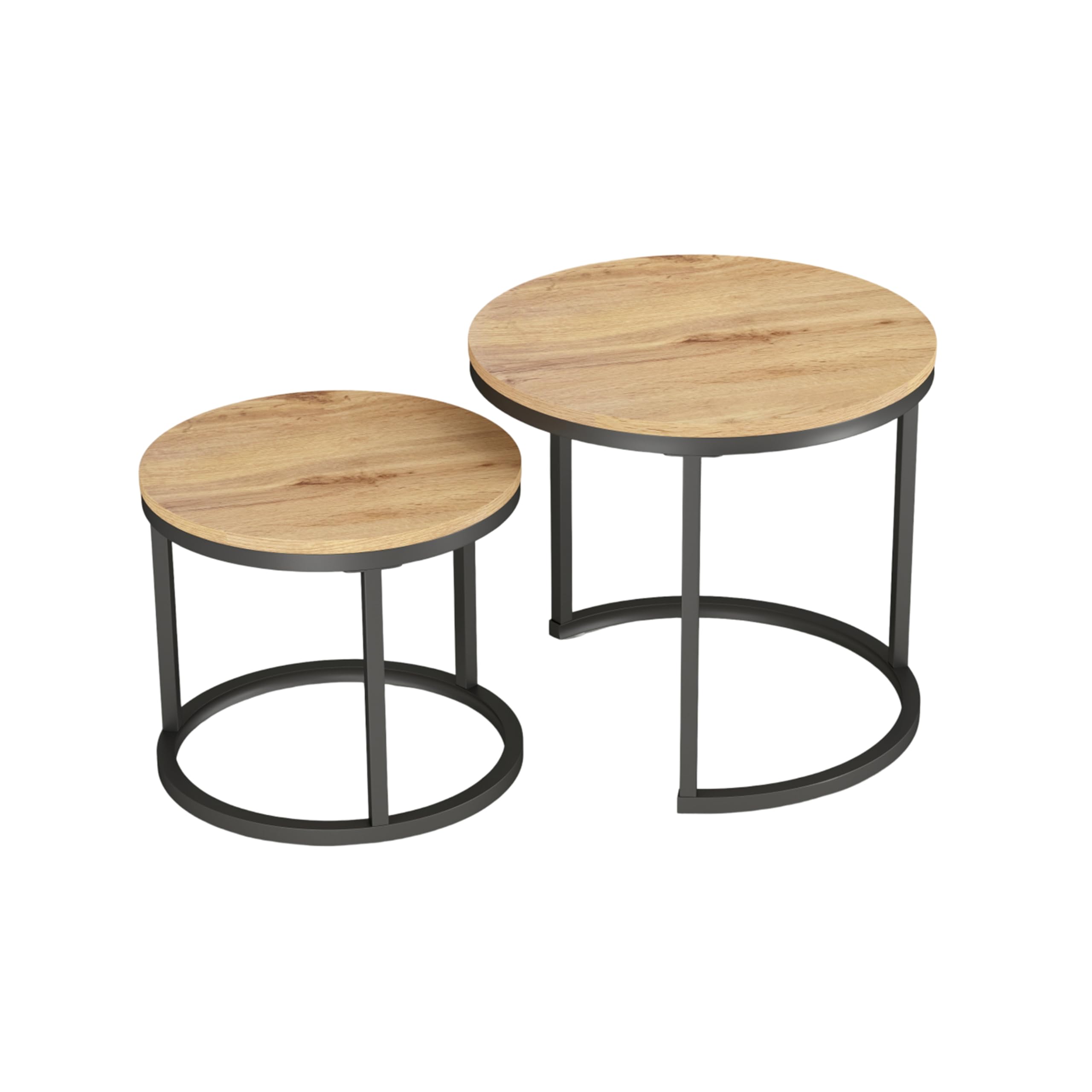 Juego de 2 Piezas para Mesa Auxiliar Sofa, Mesa Centro Madera con Marcos Negros, Mesa de Centro Redonda con Efectos de Grano de Madera, Mesas de Centro Pequeñas Modernas