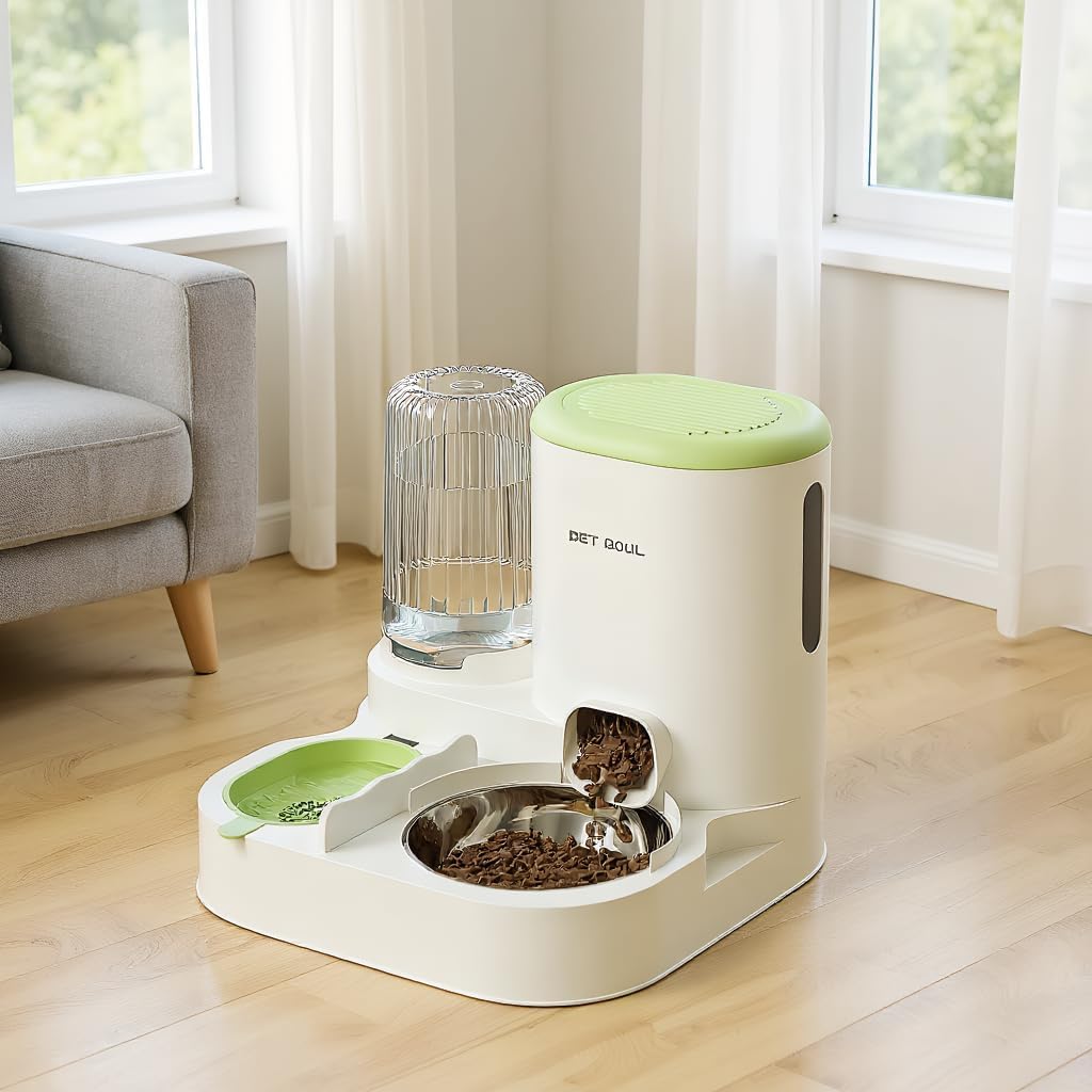Automatic Cat Feeder & Water Dispenser - Dual Container for Dry/Wet Food, Two-in-One Upgraded Gravity Feeder and Water Dispenser Combo Set for Cats and Dogs.(Green)