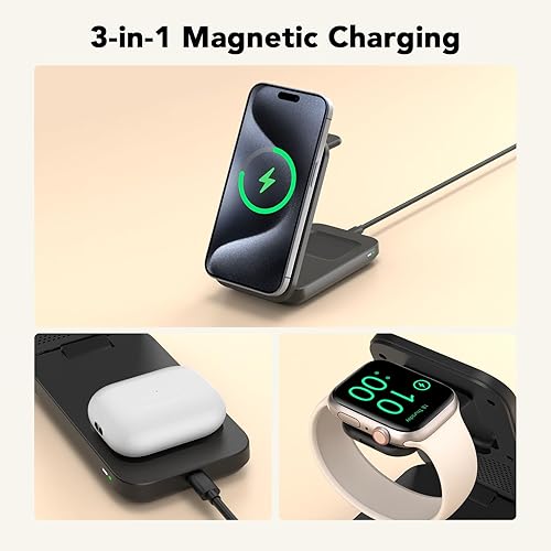Miniatura 6 de Qi2 certificado Estación de carga 3 en 1 compatible con Apple MagSafe, soporte de carga inalámbrico plegable magnético de 15 W para iPhone