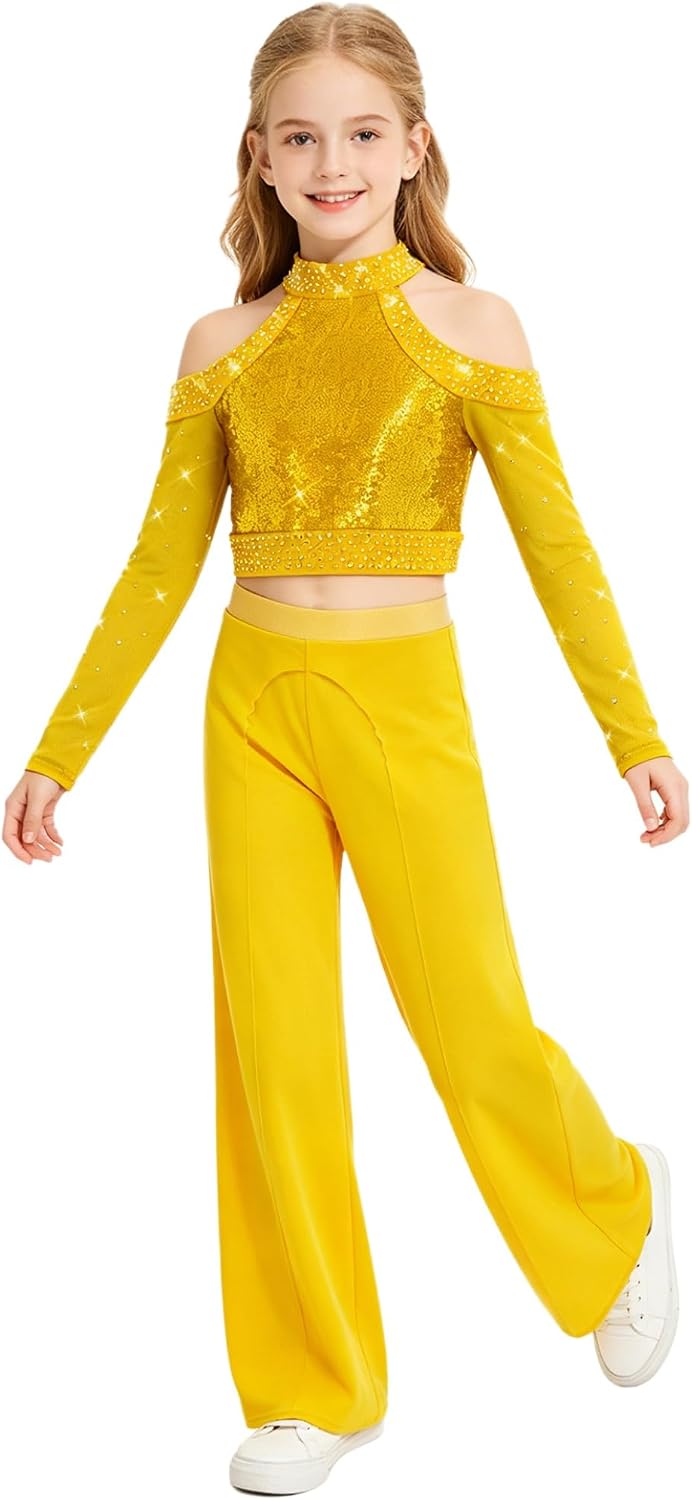 Hedmy Kids Lyrical Dance Costume Skating Clothing Sets Sequins