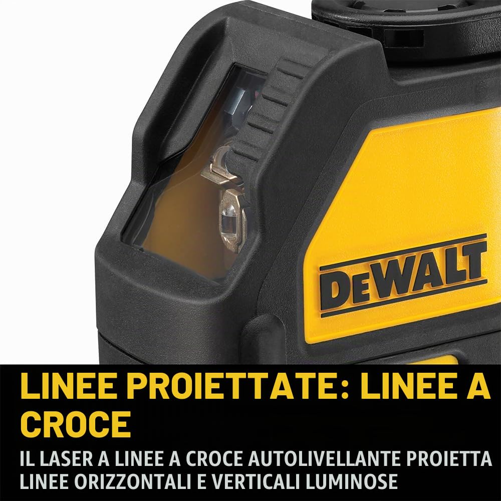 DEWALT DW088CG-XJ, Tracciatore laser con raggio verde, classe 2. 2 linee a croce orizzontale e verticale. Precisione +/- 3mm a 10 metri. Raggio di utilizzo 30 metri. 3 x alcaline tipo AA