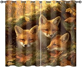 Rustic Funny Fox Window Perforated Curtains Retro Watercolor Natural Autumn Woodland Maple Leaves Animals Foxes Thermal Curtains Suitable for Bedroom 2 Panels Each.Each 36" W x 63" L
