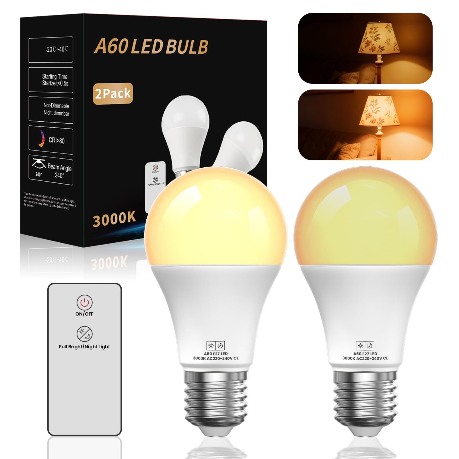 Lustaled E27 Large Screw in Light Bulb with Remote, 9W A60 E27 LED Bulb Warm White 3000K Energy Saving Light Bulbs 2 Light Modes, Ideal for Table Lamp Bedroom Nursery Sleep, Non-Dimmable 2 Pack