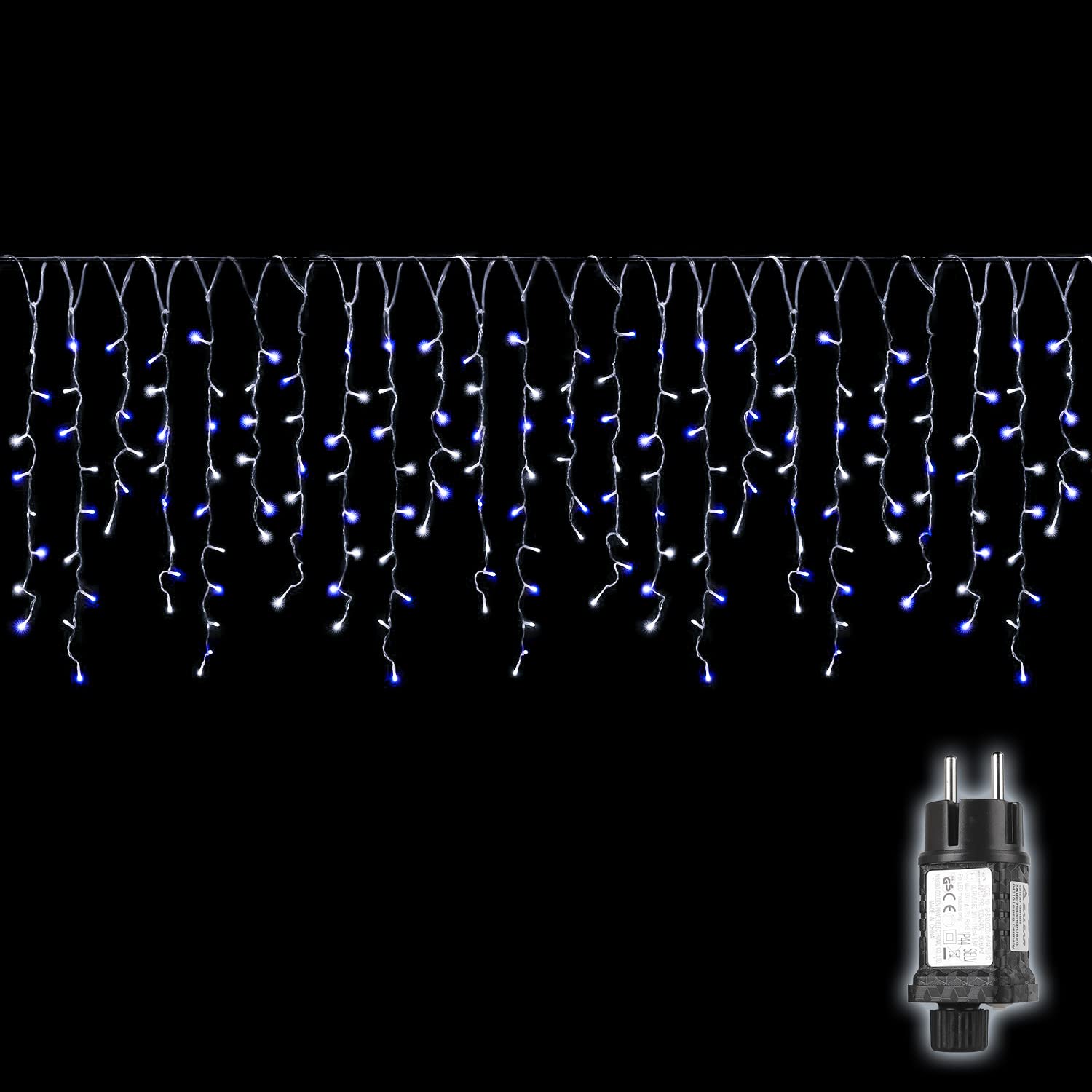 SALCAR Łańcuch świetlny LED, 5 m, do użytku na zewnątrz, do wnętrz, na Boże Narodzenie, oświetlenie bożonarodzeniowe, prąd 31 V, z 8 trybami oświetlenia i funkcją pamięci, niebiesko-biały