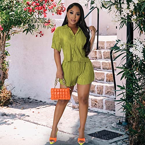 Fastkoala Sexy Two Piece Outfits For Women Summer Casual Pleated Button Down Shirt Shorts Tracksuits Sweatsuits Set Green M #TOP1
