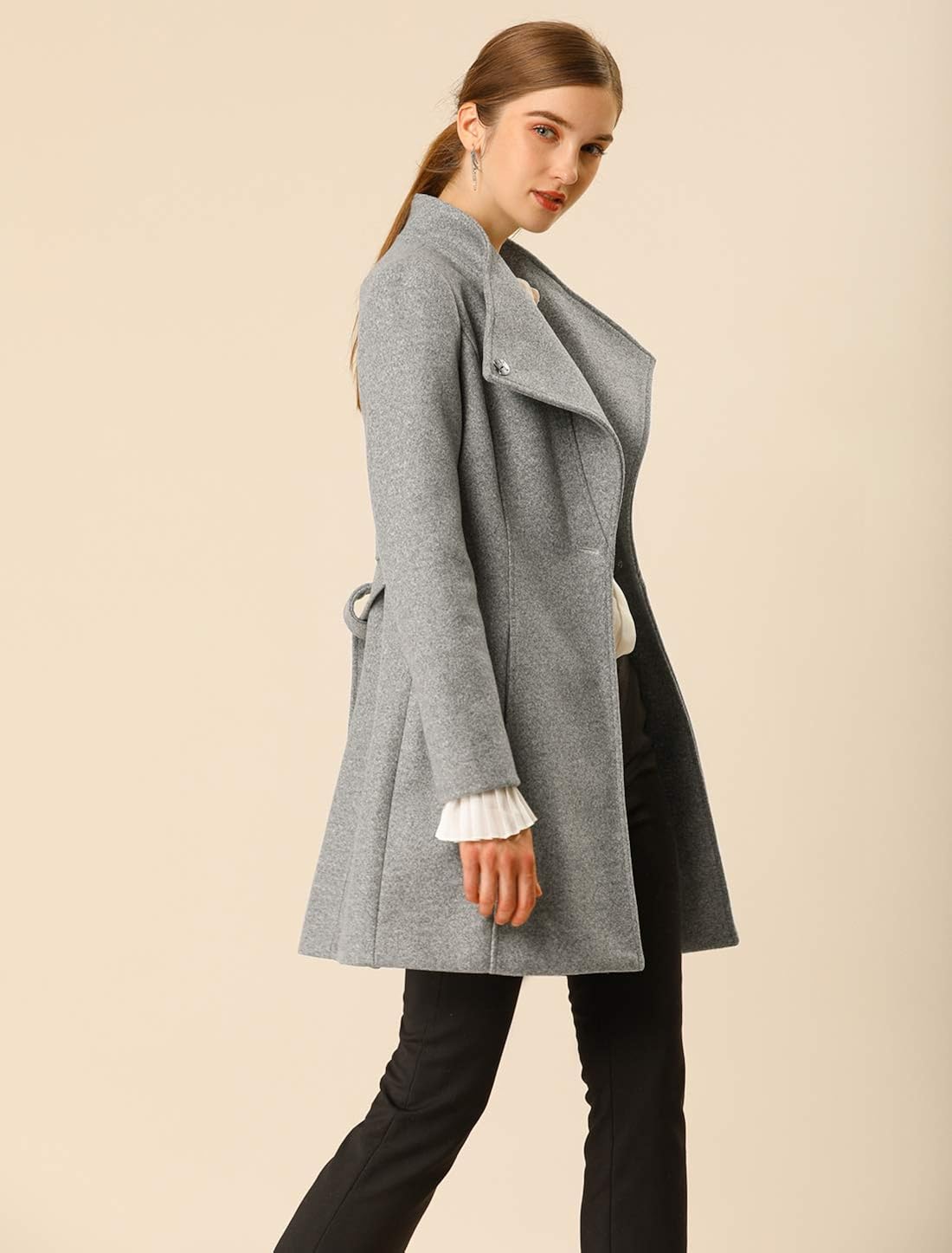Allegra K Women's Classic Stand Collar Long Sleeve Winter Belted Long Coat : Clothing, Shoes & Jewelry