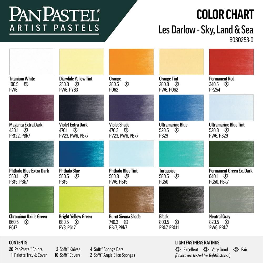 PanPastel Artist Pastels by GOLDEN, Sky, Land & Sea - Les Darlow Set, 20 Color, Professional Artist Pastels, Unique Pan Format (cake-like)