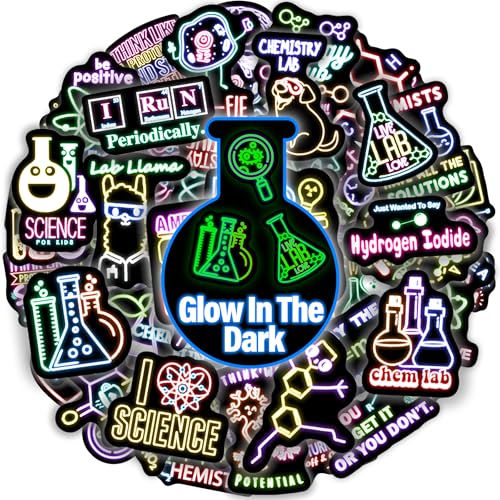 50 Pcs Glow in The Dark Natural Sciences Neon Stickers, Chemistry, Biology, Physics, Science Classroom Decor for School Teacher Student, Laboratory Decals for Laptop, Water Bottle, Notebook, Luggage