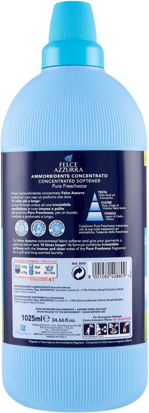 Felce Azzurra Ammorbidente Concentrato Pura Freschezza - Suavizante concentrado de larga duración para tu ropa – 41 lavados – 1025 ml + llavero Beni Culinari gratuito