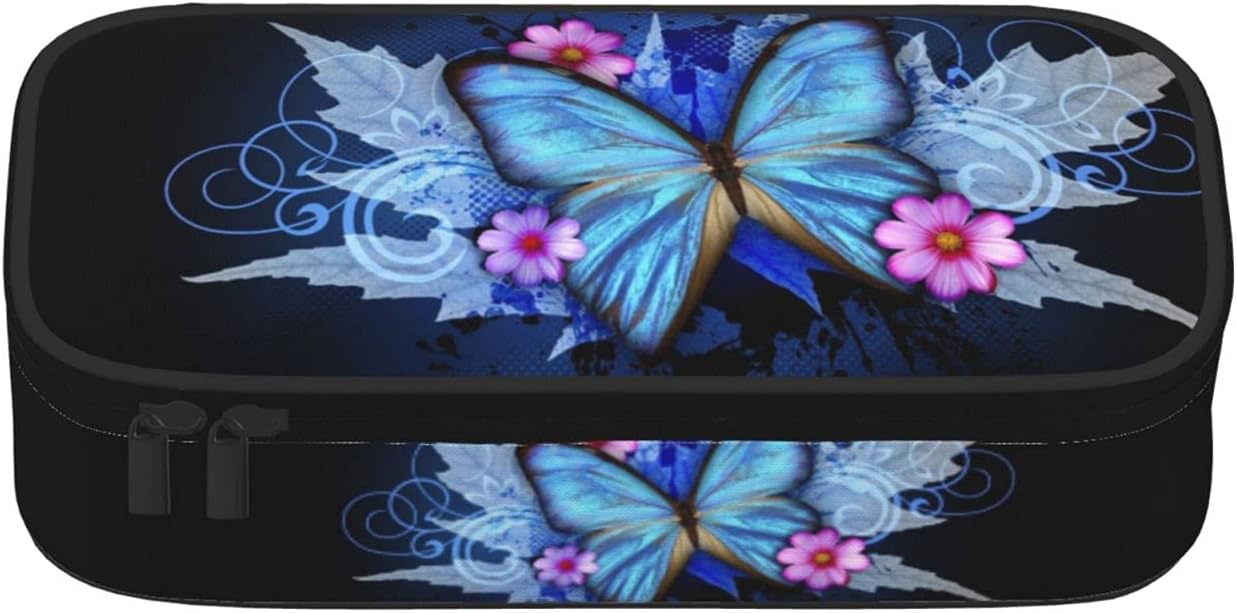 Blue Butterfly Pencil Case Big Capacity Multifunction Storage Pouch Leather Cosmetic Makeup Bag Stationery Organizer with Zipper for Learn Office
