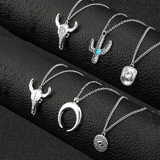 Western Turquoise Layered Chain Necklaces Earring Set,Retro Imitation Turquoise Collarbone Chain,Boho Layered Necklaces,Bull Head Necklace Country Concert Accessories Jewelry Gifts for Women Cowgirls - Image 5