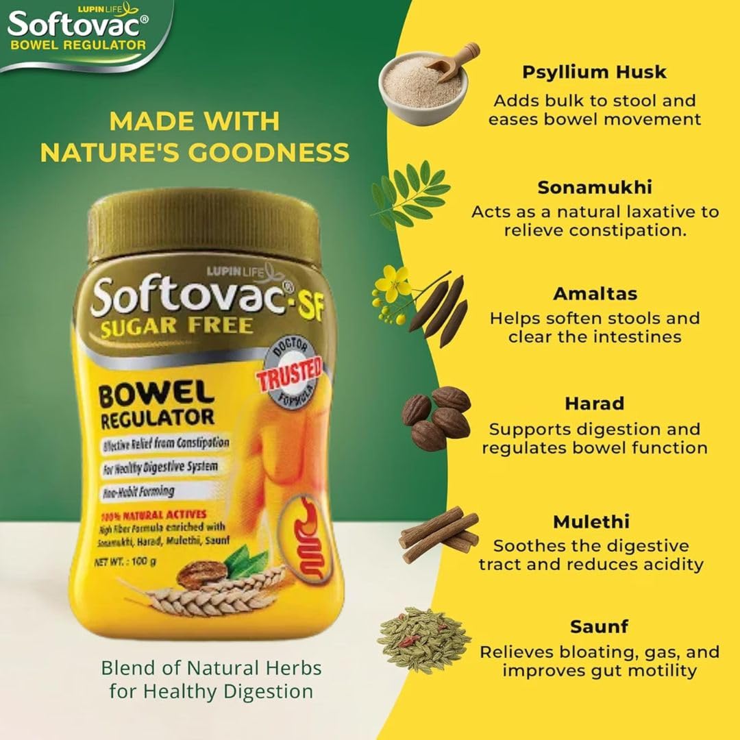 Softovac-SF Softovac Isabgol Fiber Plus Formula 100g Sugar free Psyllium Husk Natural Actives Complete Relief from Constipation Gentle on Stomach Natural Bowel Regulator for Adults — Amazon image 5