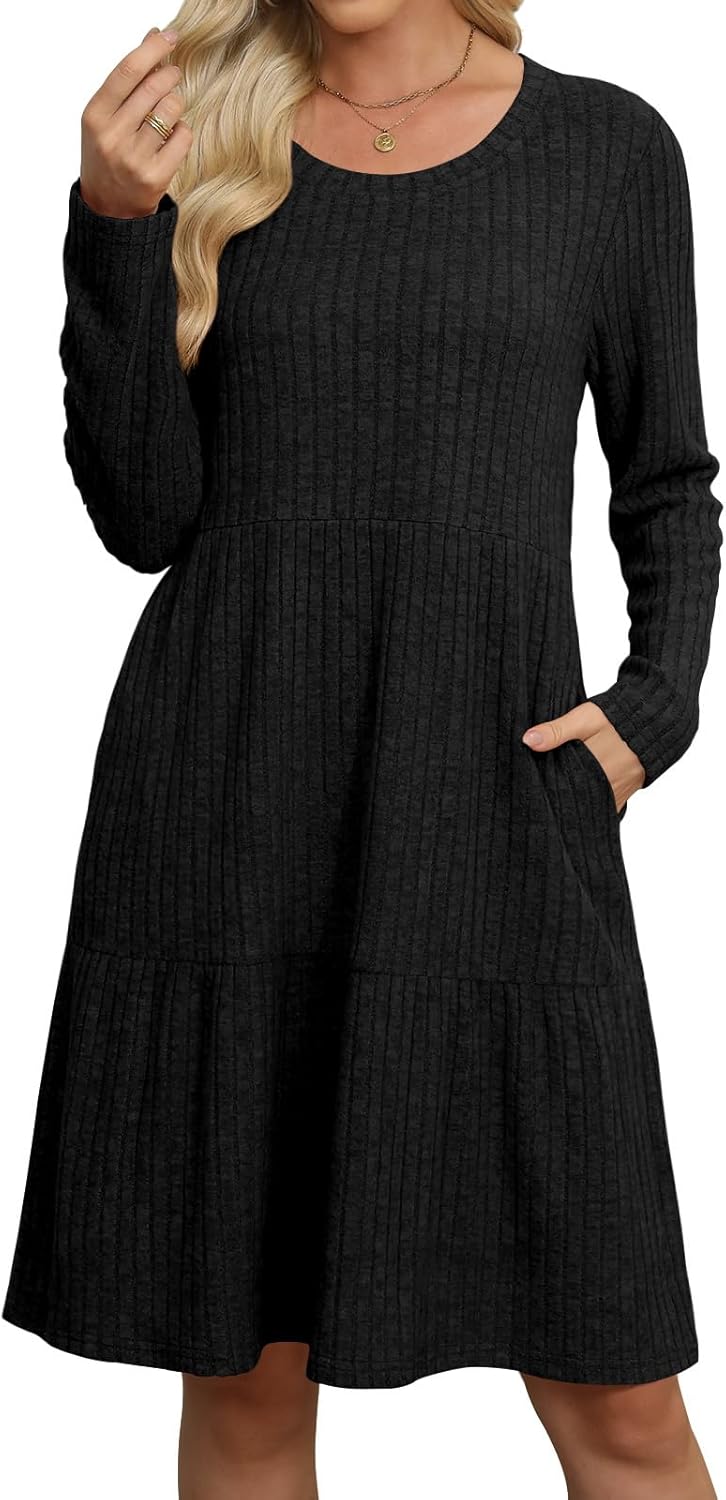 AYIFU Women's Long Sleeve Sweater Dress Crew Neck Empire Waist Tunic Dress Casual Winter Fall Dress with Pockets