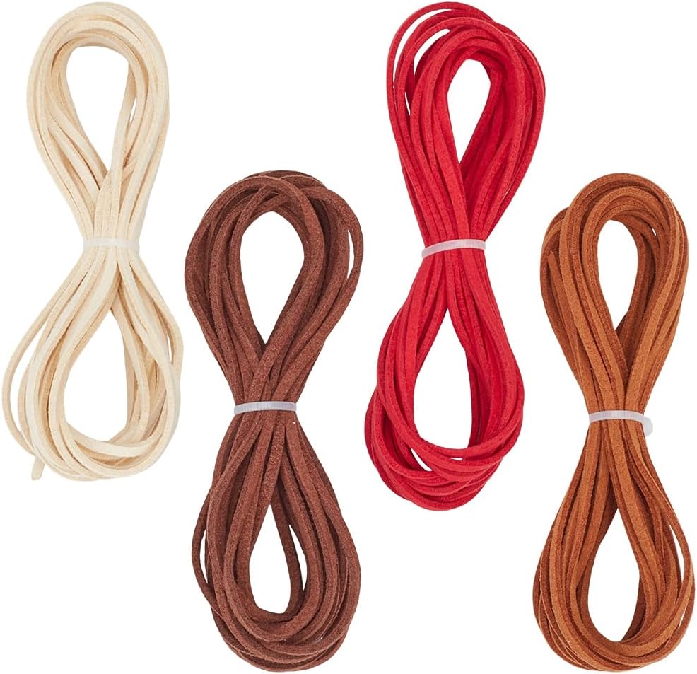 17.48 Yards 4 Rolls Flat Fuax Suede String Cord 4 Colors PU Leather Ribbon Strip Thread Rope Thin Shoe Lace for Bracelet Necklace Jewelry Making Beading DIY Handmade Crafts