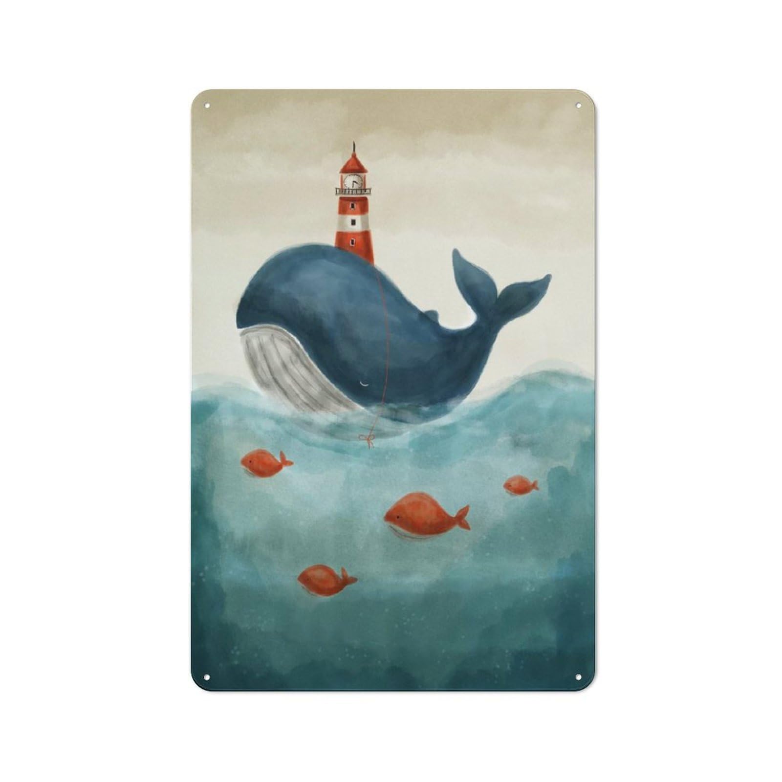Junmoney Whale With Lighthouse Retro Tin Sign 30X20cm For Living Room Or Hallway, Gift For Living Room Decor Lovers During The Christmas Season