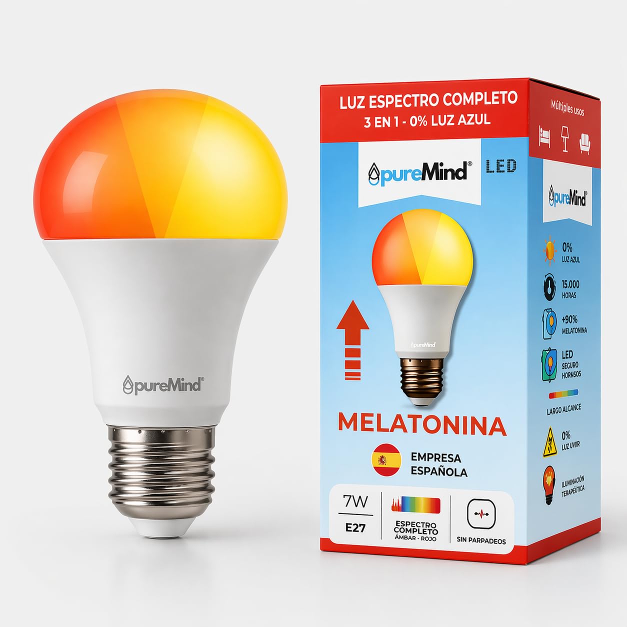 Puremind Spectro Luz Roja Nocturna Melatonina E27 + Ámbar – Lámpara Terapia de Luz Infrarroja + Ámbar para Bienestar - Relajación + Recarga Celular – Dispositivo Antiedad + Antiedad Lumínico