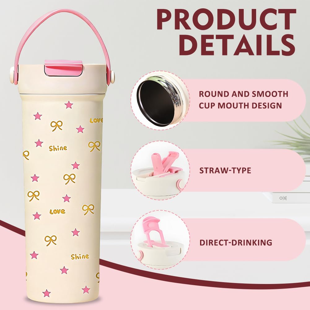 Pink Stainless Steel Straw Lid Tumbler 20oz with Bow Tie & Star Print - Image 3