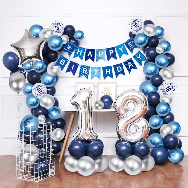 18th Birthday Decorations for Boys, Navy Blue Silver 18th Birthday Balloons Party Decorations with 18th Happy Birthday Banner, Confetti Number 18 Foil Balloons for 18th Birthday Party Decorations