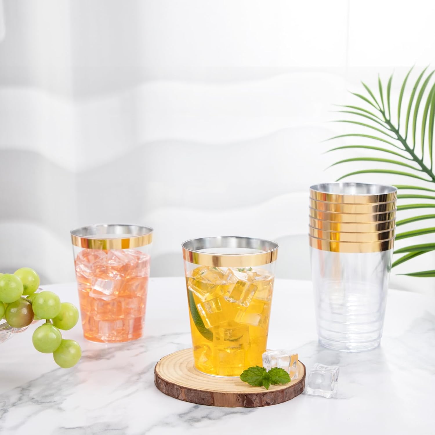 I00000 100PCS Gold Plastic Cups,10 oz Clear Plastic Cups with Gold Trim, Beer Mugs，Disposable Hard Cup For Party, Premium Cup Perfect for Wedding & Party - Image 7