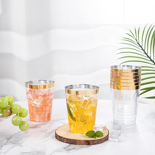 Miniatura 7 de I00000 100 vasos de plástico dorados, vasos de plástico transparente de 10 onzas con borde dorado, vasos de plástico duro desechables resistentes