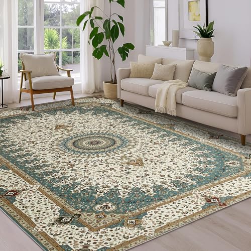 BedLooms Machine Washable Rugs Living Room Large 160x230 cm – Teal Area Rugs for Bedroom Short Pile Non Slip Floor Carpets Traditional Floral Vintage Cashmere Design Boho Rug Carpet (Willow)